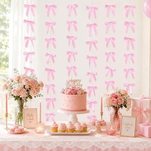 Pink Bow Garland Banner for Coquette Birthday Bachelorette Party Decorations Gift (6, Pink) - Image 1