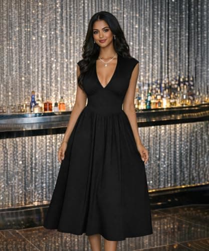 ABKY Womens Midi Dresses Deep V Neck Cap Sleeve Back- Tie A-Line Swing Dress with Pocket Party Foraml Date Night Prom Outfits Black S - Thumbnail 2