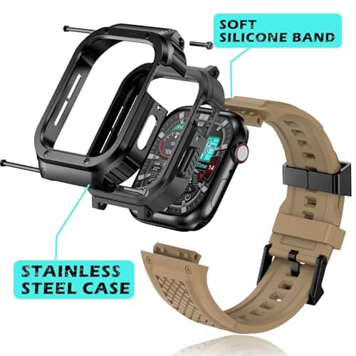 Deczone Band with Stainless Steel Case Compatible with Apple Watch Series 9 8 7 SE 3 2 1/6 5 4 S 3 2 1 41mm 40mm 38mm Band, iwatch Bands Rugged Protective Metal Cover for Men (Tan) - Thumbnail 4