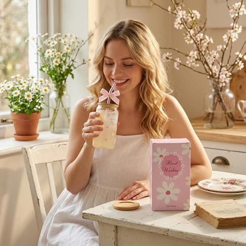 KMCCUMBER Cute Glass Cups with Lids and Straws, Teen Girl Birthday Gifts Daisy Iced Coffee Cup, Pink Aesthetic Mug Tumbler for Mothers Day Christmas Valentines Coffee Lover 16oz - Thumbnail 4