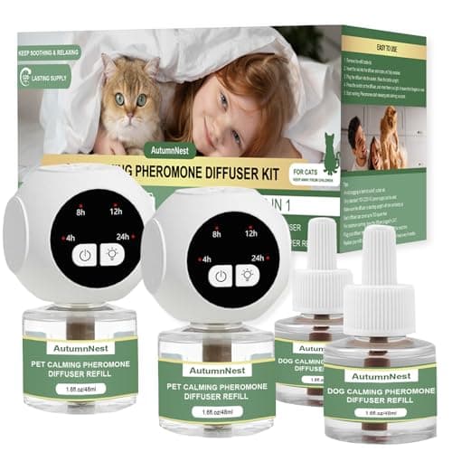 AutumnNest Cat Calming Pheromones Diffuser Kit with Timer – 2 Plug-Ins + 4 Refills (48ml) – 4-Level Timing – Stress Relief for Cats – Helps with Hiding, Scratching, Urine Marking, Travel, Vet Visits
