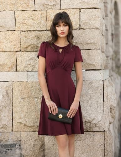 Women's 1950s Vintage A Line Wrap Dress Knee Length Round Neck Dress Hepburn Style Dress Wine Red XXL - Thumbnail 5