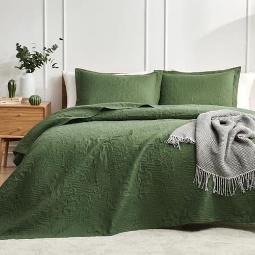 Hansleep Olive Green Quilt Queen Size - Damask Ultrasonic All Season Bedspread Queen, Soft Lightweight Coverlet Bedding Set, 3 Pieces (1 Quilt, 2 Pillow Shams)