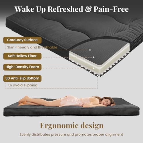 NLDD Futon Mattress Twin Size, 4" Thicken Japanese Futon Mattress Sleeping Pad, Corduroy Foldable Floor Mattress, Roll Up Tatami Mat for Adults Guest Room Bedroom, Grey - Thumbnail 4
