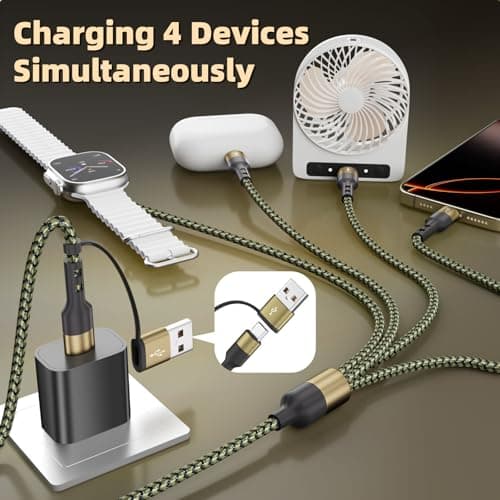 3 Type-C Ports 4 in 2 Multi Charging Cable for iWatch Charger/ iPhone17, 2026 Travel Cruise Essentials USB C Splitter, USBA/USBC Cable for iWatch Ultra/SE/11-2, iPhone17-15/S26/Car, More, 5FT Olive - Thumbnail 3