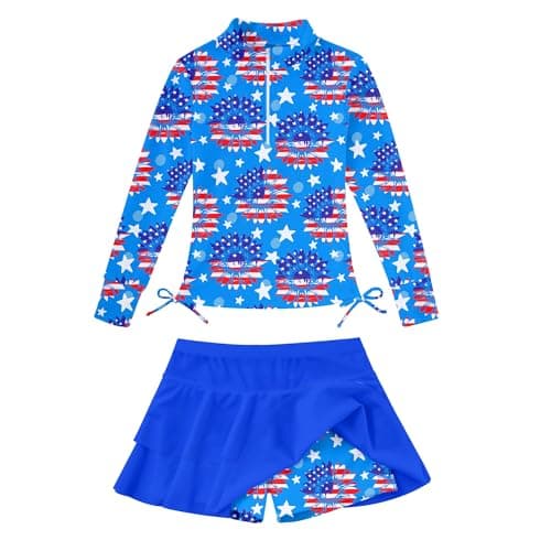 Rash Guard for Girls Size 9 10 Swimwear Big Girl Swimsuit 9-10 Girl's 4th of July Tankini 2 Pieces Rashguard American Flag Cover Ups Blue Red Bikini Beachwear Stars and Stripes Bathing Suits Coverup