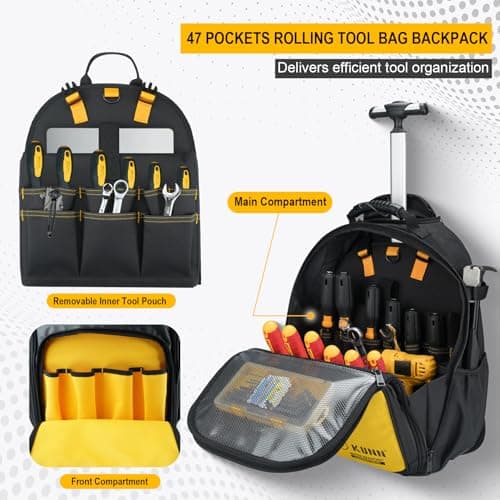 KUNN Rolling Tool Backpack with Wheels, Heavy Duty Waterproof Wheeled Tool Bag, 47 Pockets & Loops Work Backpack for Electrician Construction HVAC, Yellow - Thumbnail 2