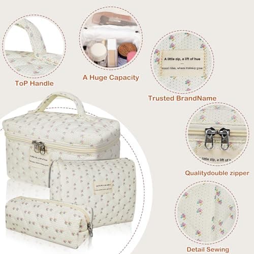 Gosect Quilted Makeup Bag, Large Floral Cosmetic Bag for Women, Cute Cotton Makeup Bag, Flower Travel Toiletry Organizer Bag (Flower) - Thumbnail 4