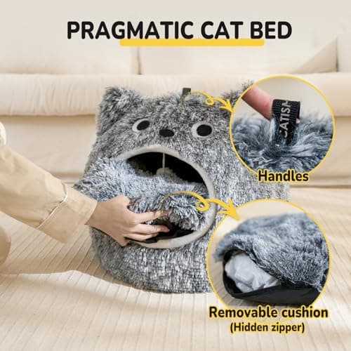 CATISM Cat Bed, Cat Beds for Indoor Cats - Kitten Bed Cave Washable, Soft Plush Hooded, Removable Pillow, Non-Slip Base, Large Cave for Kitty - Thumbnail 6