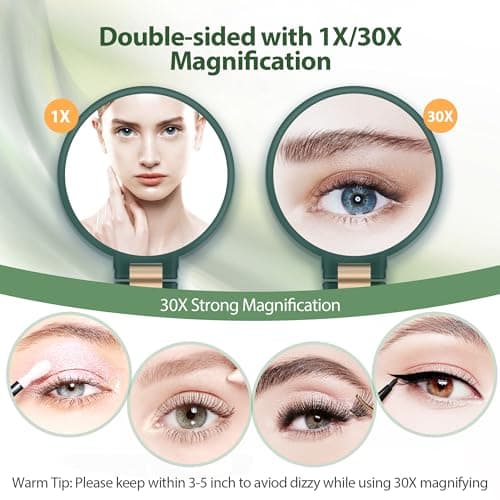 B Beauty Planet 30X Magnifying Mirror, Hand Mirror with Handle, Double Sided Hand Mirror with 30X/1X Magnification, Travel Essential Portable Foldable Makeup Mirror for Precision MakeupGreen - Thumbnail 2
