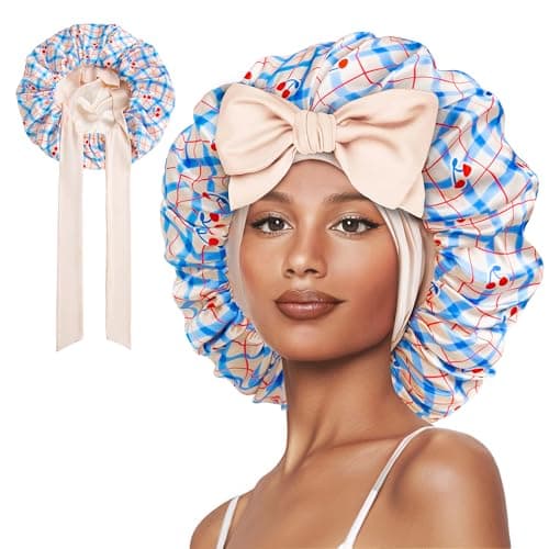 Vettres Hair Bonnet for Sleeping Satin Lined Sleep Cap Double Layer Silk Head Wrap for Curly Natural Hair Cherry Blue - Image 1