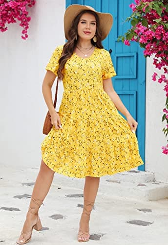Younrui Plus Size Tiered Casual Babydoll Dress for Women Wedding Guest Scoop Neck Short Sleeve Midi Aline Dress (2XL-1001-Yellow Floral) - Thumbnail 6