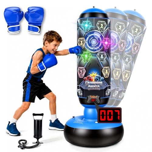HONEYEAH Punching Bag for Kids with Gloves & Pump, LED Lights Music & Electronic Scoring, 4 Game Modes Interactive Cyberpunk Inflatable Boxing Set, Freestanding Toys for Boys Girls Ages 4-12 Gifts - Image 1