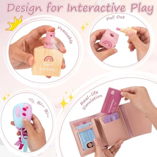 Dreamon Play Purse for Little Girls - 30PCS Toddler Purse with Wooden Pretend Makeup Kit, Handbag, Phone, Wallet, Keys - Princess Pretend Play Toys Birthday Gift for Girls Age 3 4 5 6 + Year Old - Thumbnail 5
