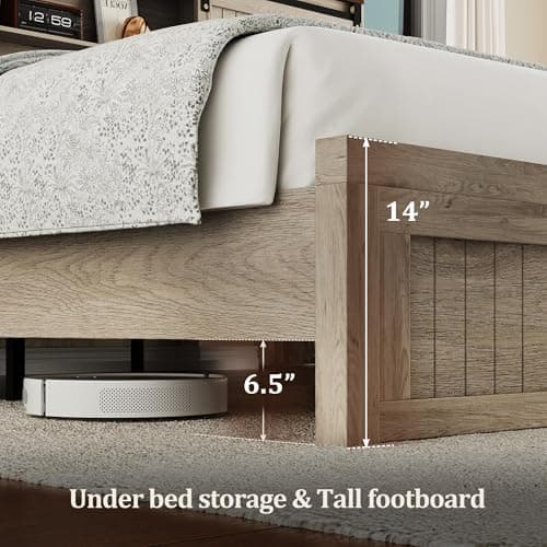 Uteeran King Size Bed Frame with Storage Headboard, Sliding Barn Door, Wood Platform Bed with Reading Light and Charging Station, Wood Slats Support, Easy Assembly, Noise-Free, Light Rustic Oak - Thumbnail 5