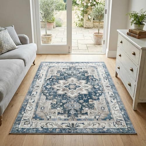 Cnythlis 3'x5' Washable Area Rug, Non-Slip Vintage Rug, Ultra Soft Low Pile Carpet for Entryway Living Room Bedroom, Blue Light Gray