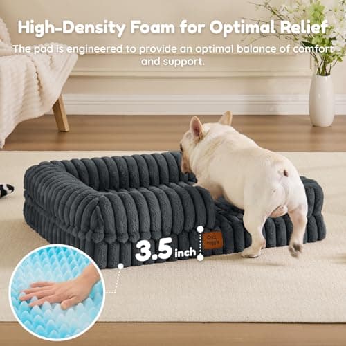 ChiXnuggle Orthopedic Dog Bed with Bolster Sides for Sleeping, Fluffy Plush Rectangular Dog Bed Medium Sized Dog, Luxury Striped Faux Fur Waterproof Dog Couch with Removable Washable Cover, Dark Grey - Thumbnail 3
