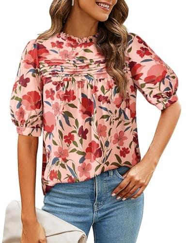 PRETTYGARDEN Blouses for Women Dressy Casual 2026 Summer Spring Floral Boho Tops Mock Neck Short Puff Sleeve Trendy Shirts (Pink Red Flower,XX-Large) - Image 1