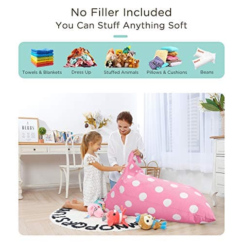 Aubliss Stuffed Animal Storage Bean Bag Chairs Cover, 50"x 35" Extra Large Bean Bags Chair for Kids & Adults, Beanbag Toy Storage for Boys Girls - Premium Cotton Canvas Pink Dot - Thumbnail 2