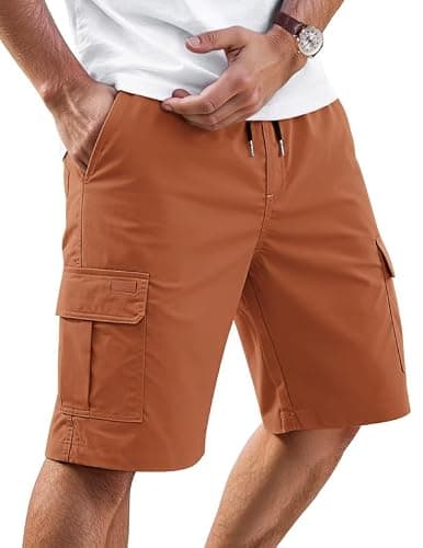 AUSELILY MEN Mens Cargo Shorts Drawstring 9 inch Casual Outdoor Work Relaxed Fit Elastic Waistband Summer Stretch Waist Baggy Big and Tall with Pockets Orange 5XL - Image 1