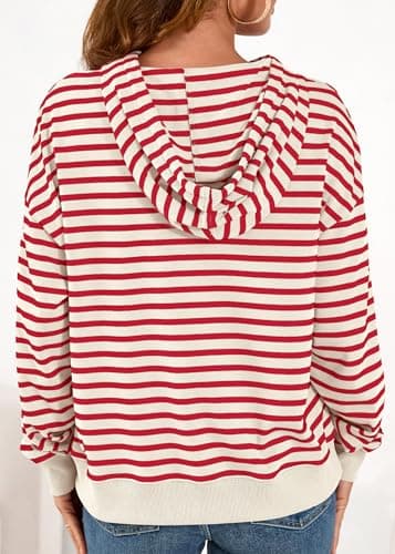 KIRUNDO Womens Striped Hoodies Sweatshirt 2026 Fall Long Sleeve Color Block Drawstring Casual Loose Pullover Top Y2K Clothes(Stripe Red Beige, X-Large) - Thumbnail 2