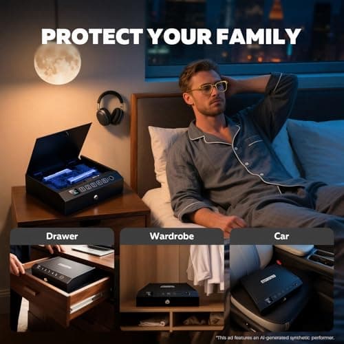 Biometric Gun Safe for Pistols 3-Ways unlock Fingerprint Digital PIN Key Unlock Pistol Safe with Security Cable Gun Lock Box With Interior Light For Nightstand Car & Home Security - Thumbnail 5