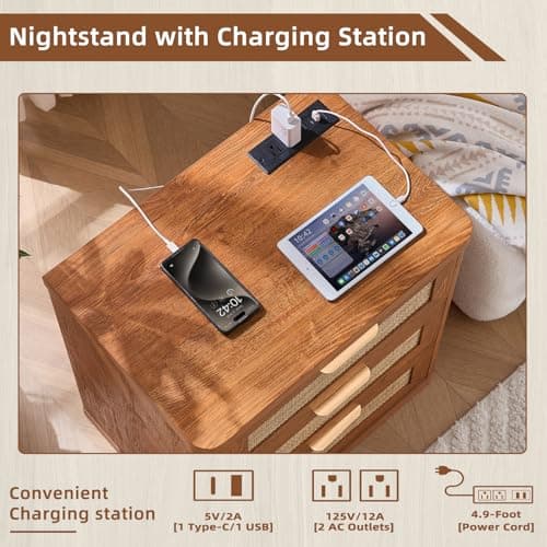 LEYAOYAO Rattan Night Stand with Charger Station, 23" Large 3 Drawer Boho Nightstand, Tea Brown Bedside Table Storage Cabinet, Bed Side End Tables for Bedroom, Living Room, Hallway - Thumbnail 5