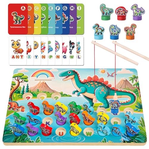 Mailuren Wooden Dinosaur Magnetic Fishing Game for Toddlers Ages 3-5 with 2 Pods, ABC Alphabet Learning Toy with Spelling Cards, Preschool Educational Montessori Toys, Gift for Boy Girl - Image 1