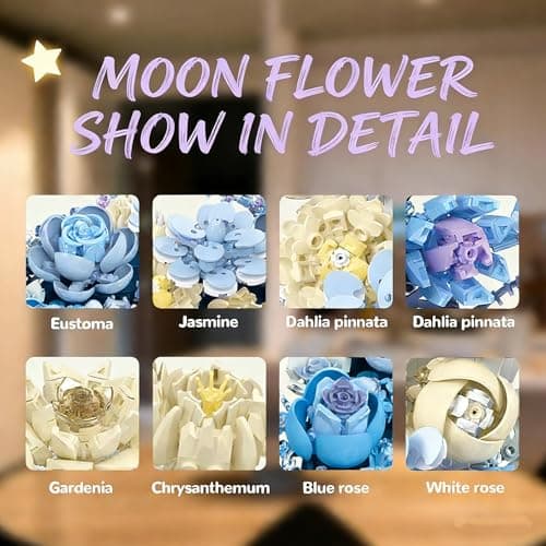 Blue Moon Flower Building Set - Botanical Collection Building Blocks for Adults, Moon Decor Wall Art Artificial Flowers, DIY Gift for Christmas, Valentines, Birthday, Mother’s Day, Tabletop Decoration - Thumbnail 5