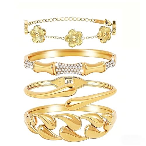 Womens Stackable Floral Gold Bracelets - 4Pcs 18K Gold Plated Bracelet,Stainless Steel Bangle Bracelets Non Tarnish,Gold Bracelet Set Fashion Jewelry,Valentines Birthday Christmas Jewelry Gifts - Image 1
