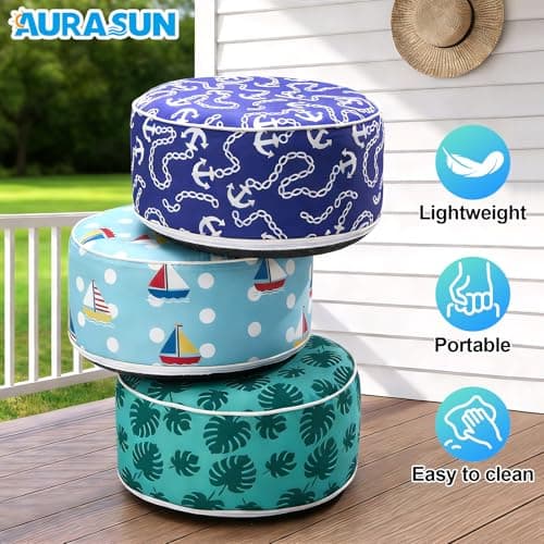 AURASUN Inflatable Outdoor Ottoman Pouf - Portable Footstool with Handle D20” x H10” - Air Pump Included for Outdoor Indoor Use - Comfortable Foot Rest or Seating for Camping or Pool (Navy Blue) - Thumbnail 5