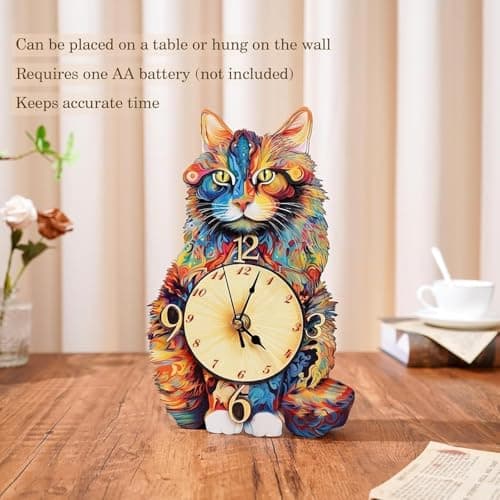 Kosmickiss 3D Wooden Puzzles for Adults, Maine Cat Mechanical Model Kits, DIY Wall Clock Puzzle, Gifts for Cat Lovers, Home Decor Creative Gifts for Men and Women, Pendulum Wood Craft - Thumbnail 2