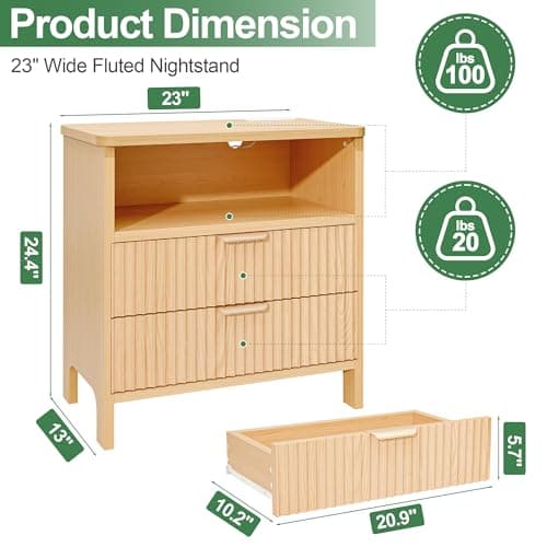 PATAVOT Fluted Night Stand with Charging Station, 23" Wide Natural Oak Nightstand with 2 Large Drawers & Storage Shelf, Light Wood Nightstand for Bedroom, Living Room, Study - Thumbnail 2