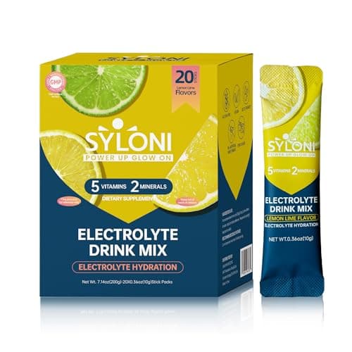 Syloni Electrolytes Powder Packets, Lemon Lime 20 Sticks, Sugar Free Hydration Packets Electrolyte Drink Mix with 7 Vitamins and Electrolytes, Keto Friendly, Vegan, Gluten Free