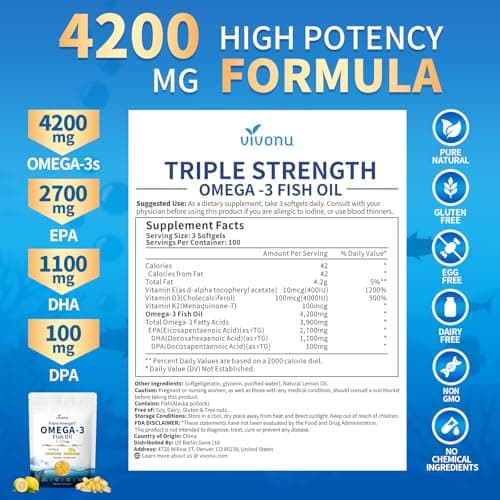 VivoNu Triple Strength Omega 3 Fish Oil - 4200mg, 300 Softgels | Enteric-Coated for No Fishy Aftertaste | Wild-Caught | Third-Party Tested - Thumbnail 2