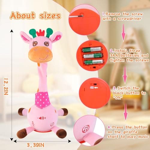 LUKETURE Dancing Talking Singing Pink Giraffe Toy Stuffed Plush, Interactive Stuffed Animal Toy, Musical Giraffe Plush with Record & Repeat, Sings 10 Songs, LED Lights - Thumbnail 5
