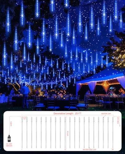 EAGWELL Christmas Lights Outdoor 16 Inch Meteor Shower Rain String Lighting, 20 Tube 960 LEDs Icicle Tree String Decor for Halloween Yard Party Patio Xmas Decoration,Blue - Thumbnail 4