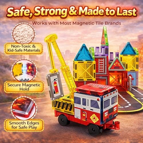 LATI Fire Rescue Magnetic Tiles for Kids,Double-Sided Fire & Rescue Blocks with Fire Truck, Station, Roads & Crane, STEM Magnetic Building Blocks for Boys & Girls Ages 3-8 - Thumbnail 6