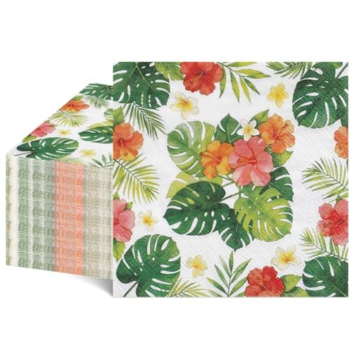 NatNarr 100pcs Hawaiian Napkins, 2-Ply Tropical Paper Napkins Disposable Luau Hibiscus Floral Cocktail Napkin for Aloha Birthday Decorations, Summer BBQ, Pool and Beach Party, 5 Inch