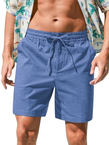 RQP Mens Cotton Linen Shorts Casual Drawstring 7inch Inseam Shorts Stretch Summer Beach Wear,Blue - Image 1