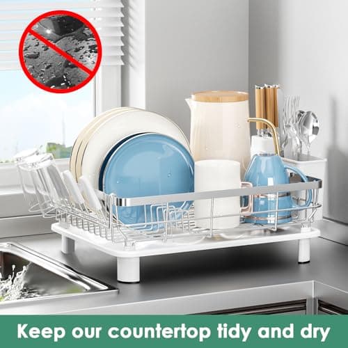 MOUKABAL Dish Drying Rack, Dish Rack, Stainless Steel Dish Racks for Kitchen Counter, Dish Drainer with Removable Utensil Holder, Drainboard (White,Stainless Steel,13''W x 17''L) - Thumbnail 6