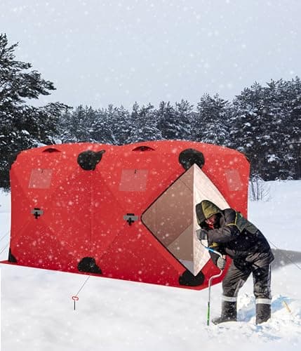 Portable Pop Up Ice Fishing Shelter 140"x70"x79" Ice Fishing Tent Insulated Hub-Style Shelter with Waterproof Oxford Fabric, Includes Anchors, Ropes & Carry Bag for 2 to 4 Persons, Red - Thumbnail 5