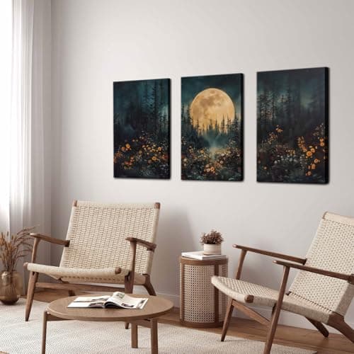 3Pcs Full Moon Forest Canvas Wall Art Nature Landscape Wildflower Wall Decor Pictures Moody Dark Academia Forest Posters Prints for Gallery Bedroom Living Room Home Decoration 16x24in - Thumbnail 6