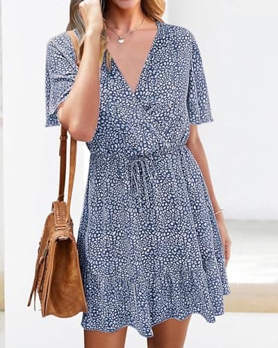 KIRUNDO Womens Summer Dresses 2026 Casual Spring Short Sleeve V Neck Ruffle Floral Print High Waist Belted Flowy Mini Dress(X-Large, Dark Blue) - Thumbnail 5