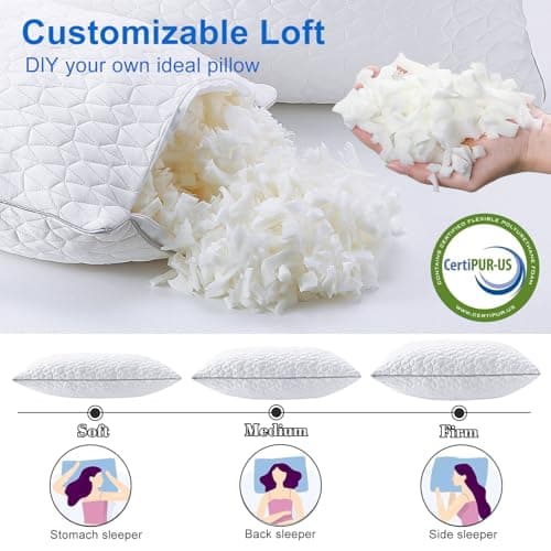 Cooling Pillows Standard Size Set of 2, Shredded Memory Foam Pillows, Adjustable Firm Bed Pillows Cool Cold Pillow for Hot Side Back Stomach Sleepers with Removable Washable Cover, 20" x 26", White - Thumbnail 4