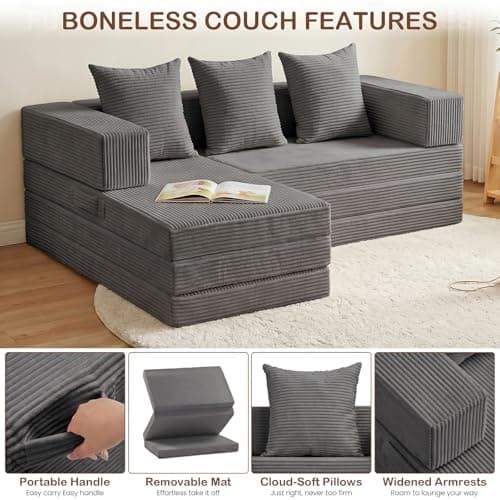 65'' L Shaped Couches for Living Room, Cloud Sectional Couch, Boneless Couch with Deep Seat Left Facing Chaise, Mini Modular Sectional 3 Seater Sofa for Apartment Furniture, No Assembly Needed, Grey - Thumbnail 5