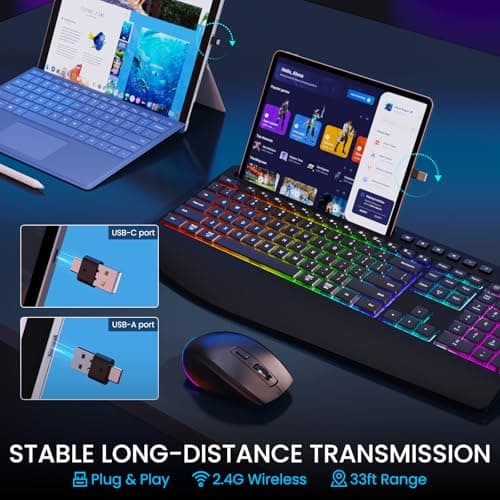 LIZRROT Wireless Keyboard and Mouse Combo - RGB Backlit, 2.4G 2200mAh Rechargeable, Ergonomic Rest, Phone Holder, Sleep Mode, Silent Full-Size Compuer Keyboards with Windows, Mac, PC, Laptop, Black - Thumbnail 6
