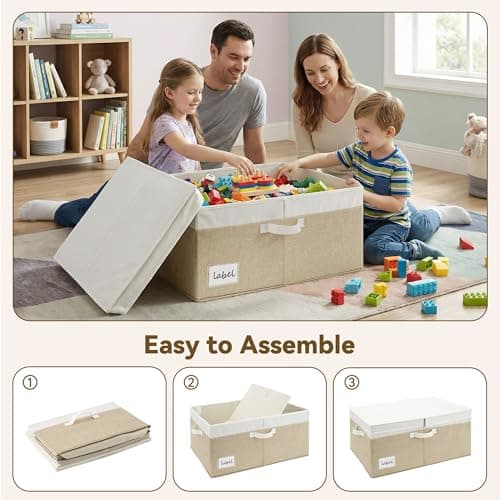 GRANNY SAYS Decorative Storage Boxes with Lid, Large Storage Bins with Label, 63L Fabric Storage Bin for Clothes, Toy Storage Chest, Memory Keepsake Box, White/Khaki - Thumbnail 3