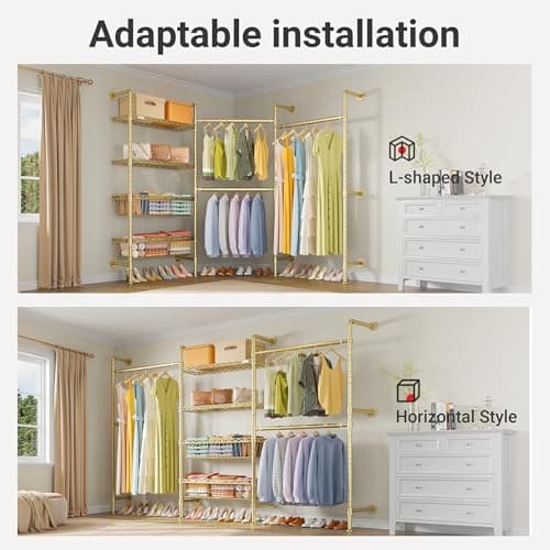 Timate X3 Expandable Heavy Duty Clothes Rack Wall Mounted Clothing Rack for Hanging Clothes, Industrial Pipe Closet System for Walk in Closet Kit, Wall Mount Clothes Rack with Basket, Gold Wall Closet - Thumbnail 2