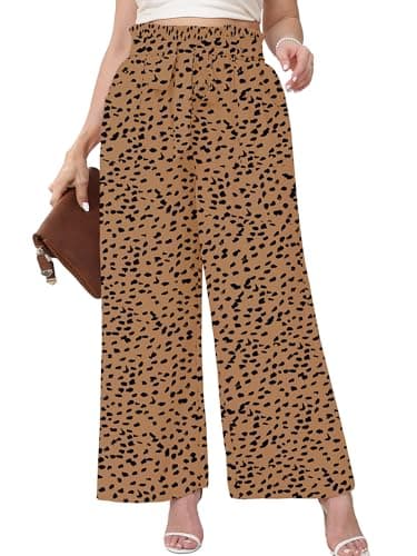 AusLook Women's Plus Size Wide Leg Pants with Pockets Almond Leopard 2X Lightweight High Waisted Tie Knot Paperbag Dressy Palazzo Loose Paper Bag Comfy Casual Work Flowy Dress Ladies' Trousers - Image 1
